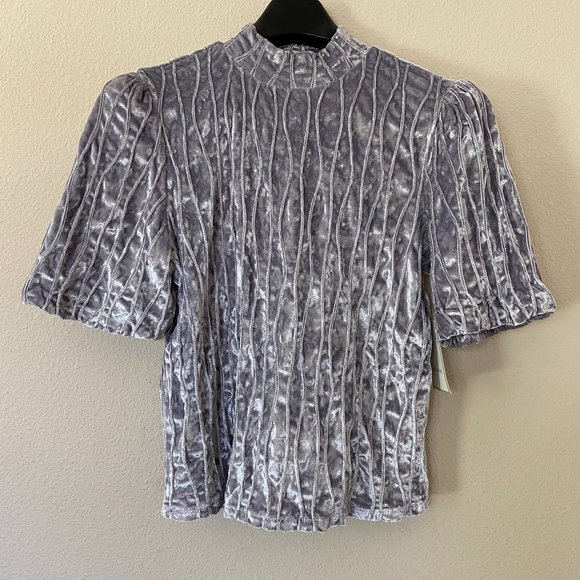 Tops - Calligraphie Women Large Velvet Top Blouse Velour Silver Mock Neck Short Sleeve